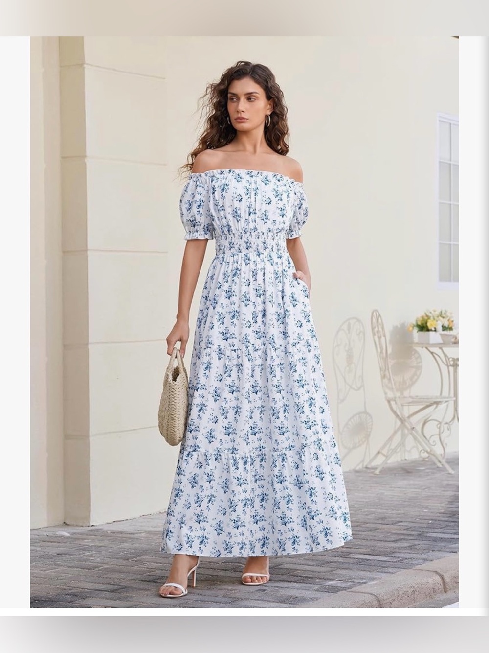 Off-Shoulder Blue Floral Maxi Dress NWT LARGE - Picture 5 of 5